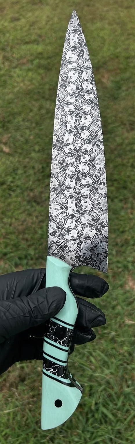Patterned blade with turquoise custom handle